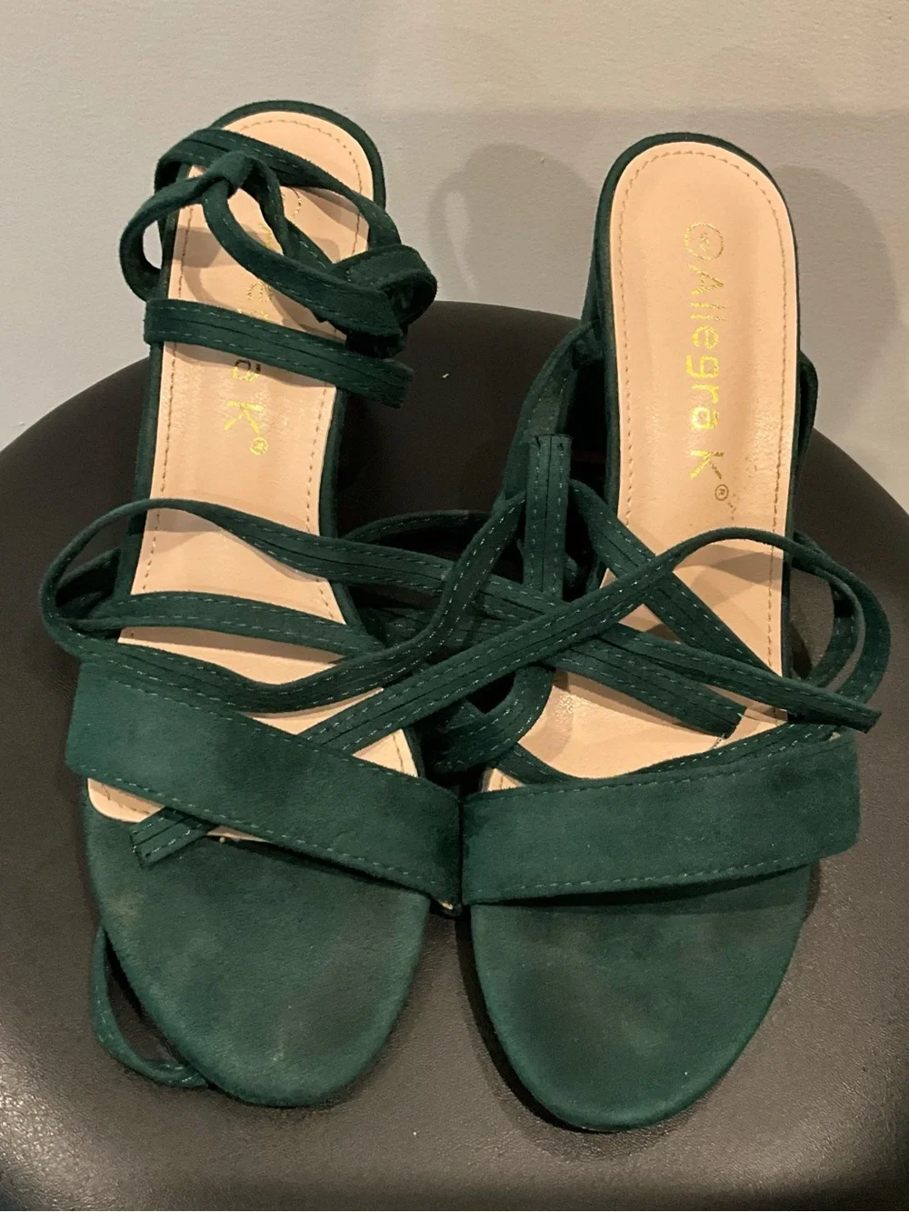 Allegra K Deep Green Suede like Strappy Block Heels size 8